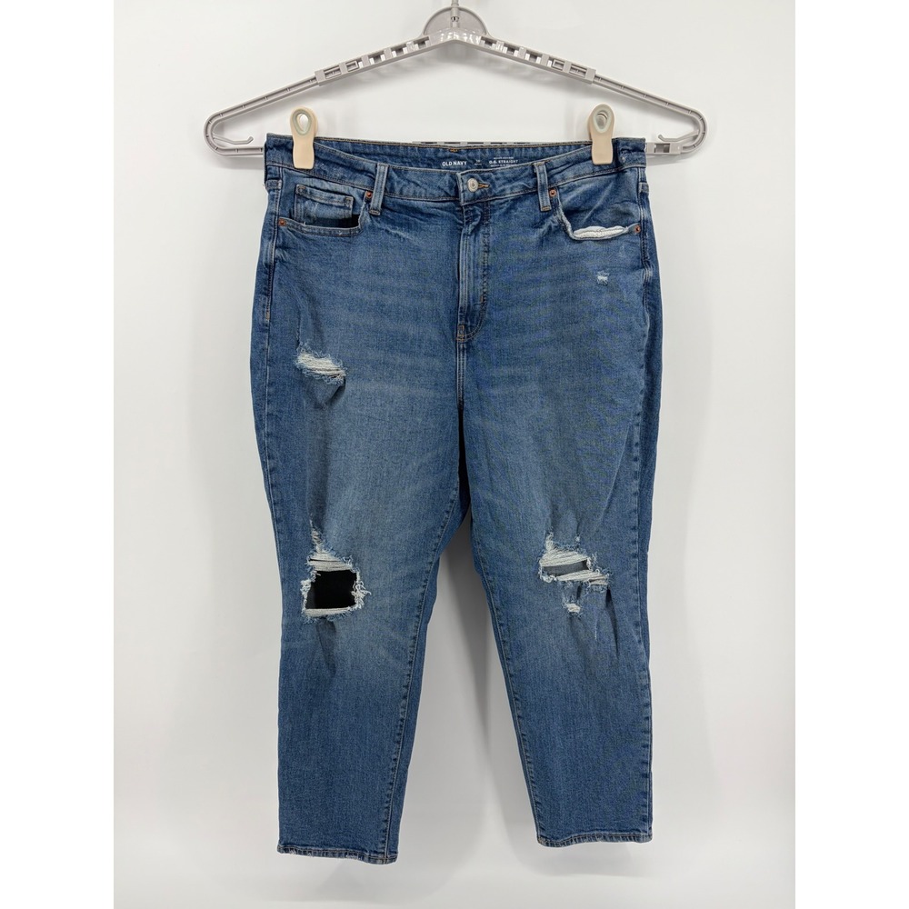 Old Navy‎ Higher High Rise OG Straight Petite Jeans Size 18 Ripped Medium Wash